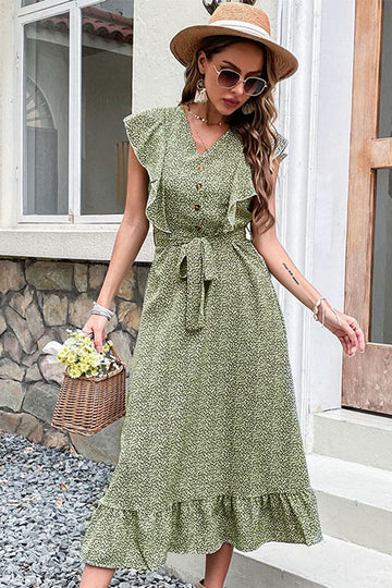 V Neck High Waist Robe d’été verte